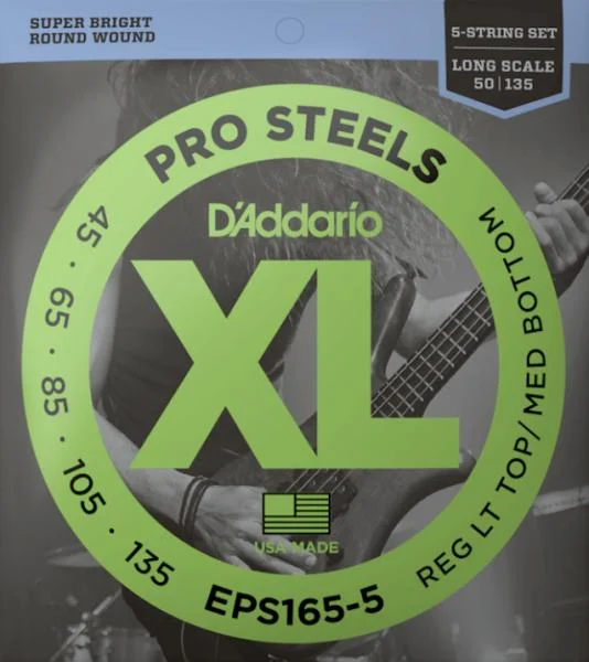 D'addario EPS165-5 Electric Bass 5-String Set ProSteels Round Wound Long Scale 45-135 - juego de 5 cuerdas